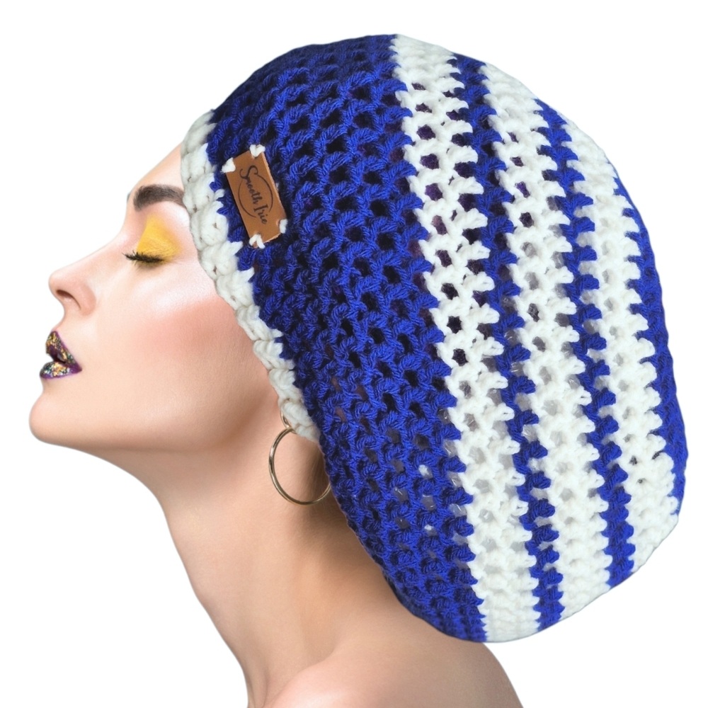 Smooth Irie Mesh Crochet Tam Color Blue/White Stripes One Size | NWT Slouchy Hat